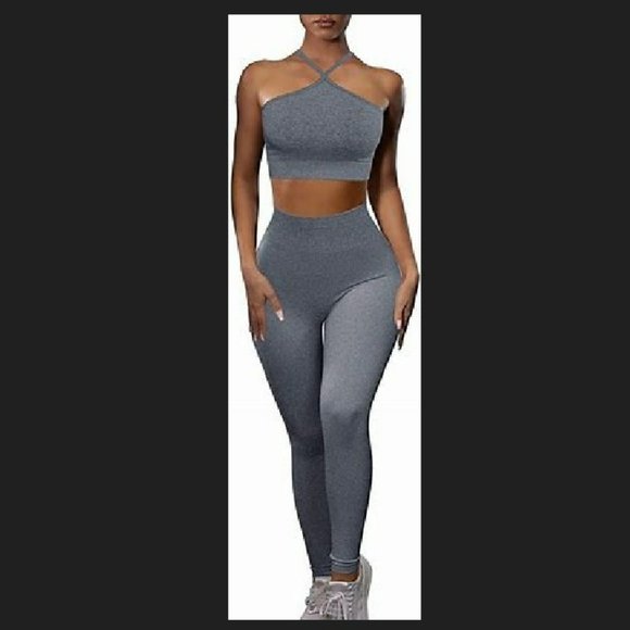 HYZ Women's Seamless Workout 2 Piece Outfits High Waist Legging Adjustable Strap - Picture 2 of 9